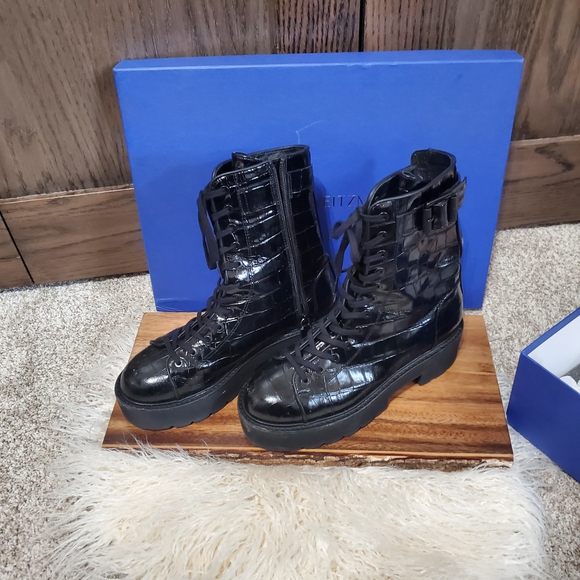 Stuart Weitzman Shoes - Stuart Weitzman Black Patent Leather Combat & Moto Boots